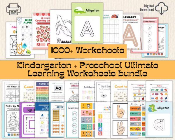1000+ Preschool Learning Worksheets Mega Bundle.